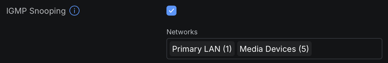 Screenshot: UniFi network settings showing IGMP Snooping enabled in the advanced section